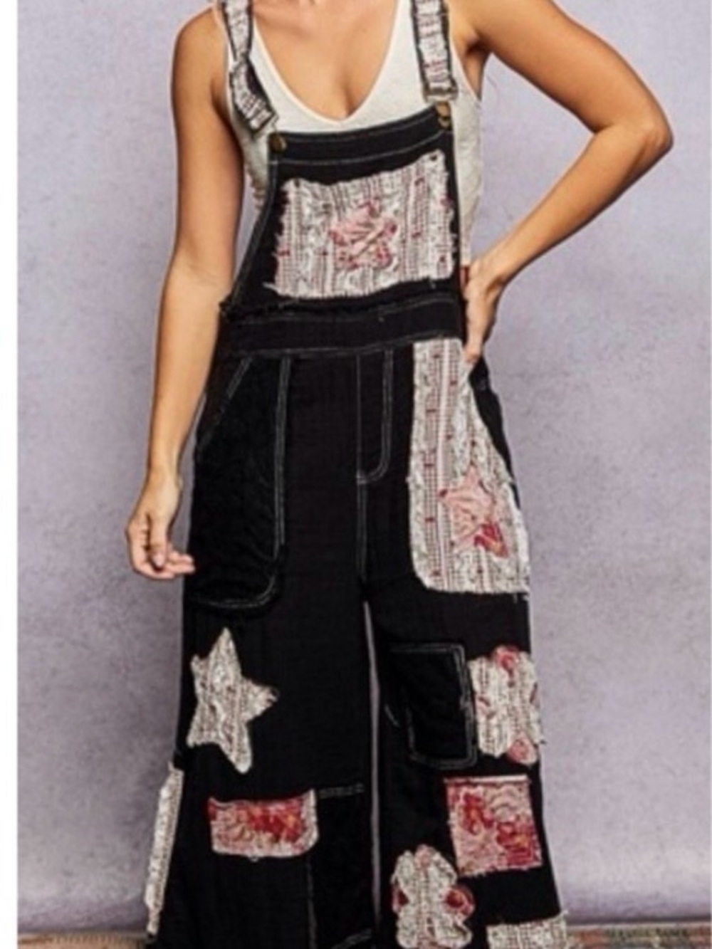 POL Black Patchwork Star Wide-Leg Overalls with Red Accents